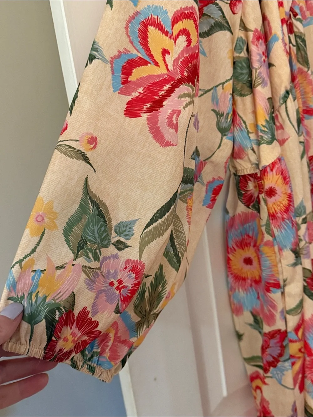 Skies Are Blue Floral Maxi Dress in Cream with Red & Blue Blooms - Picture 5 of 7